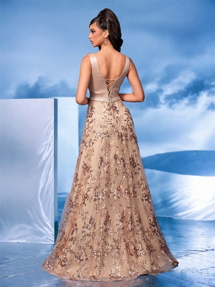 floral embroidered gown with 3D shoulder flower – ARABELLA