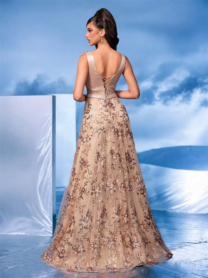 floral embroidered gown with 3D shoulder flower – ARABELLA