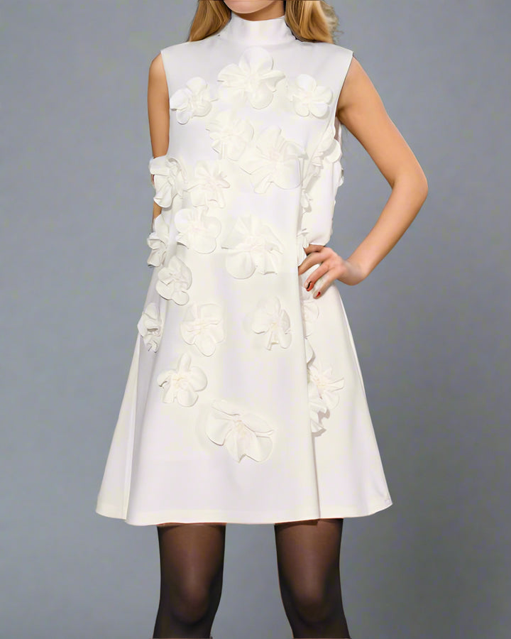 Sleeveless A-line mini dress with 3D floral appliqués – BLOOMZI