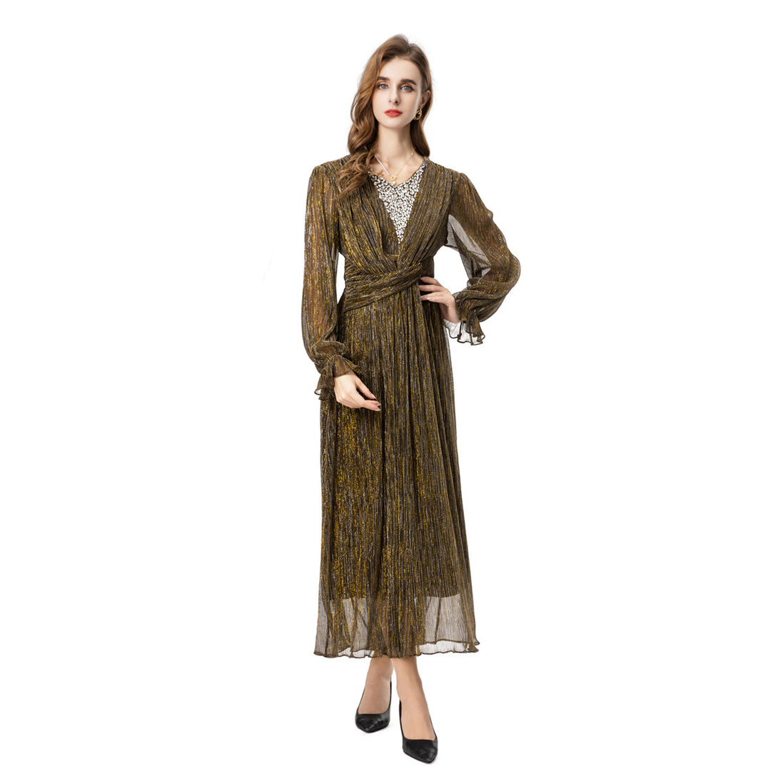 فستان شيفون معدني مطوي مع خصر ملفوف – أديليا