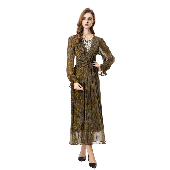 فستان شيفون معدني مطوي مع خصر ملفوف – أديليا