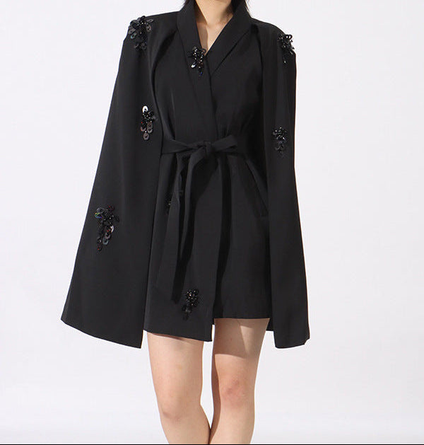 embellished cape mini dress with belted waist – FUCHSIA