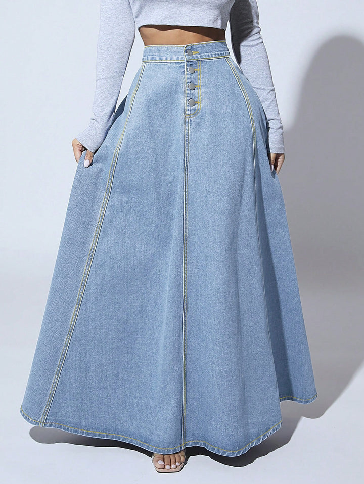 high-waist flared denim maxi skirt with front buttons – MAYA
