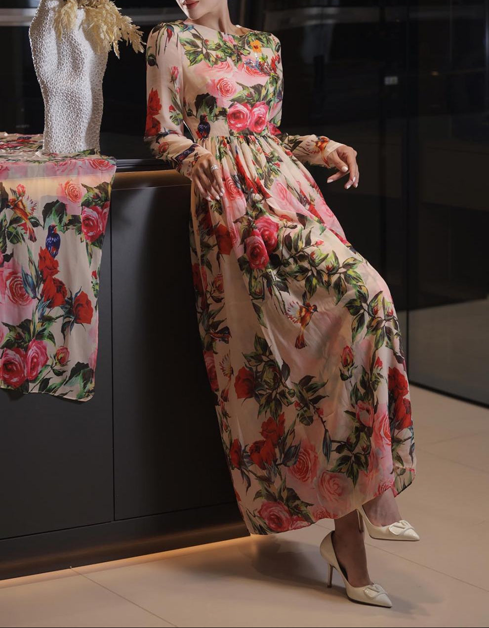 long-sleeve floral chiffon gown with pleated skirt – AMORA