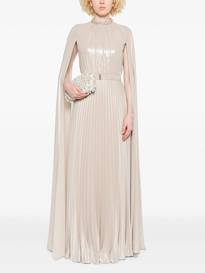 Pleated Cape Maxi Dress with Embellished Neckline – HAGRAS