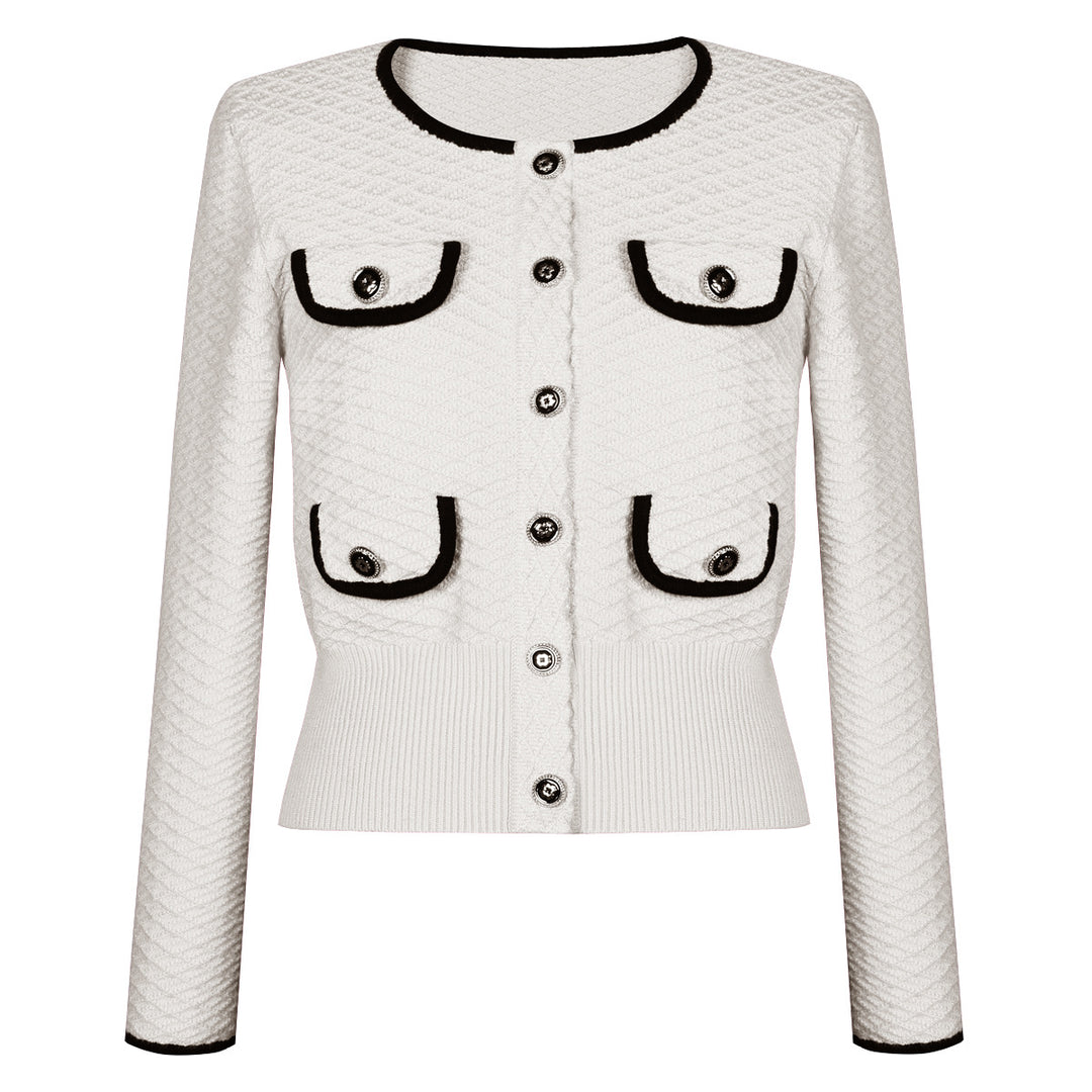 two-piece knit set with contrast trim and button details – CAMILLER