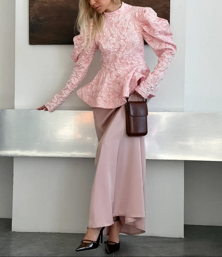 textured peplum blouse with sculpted puff sleeves – OPHELIA