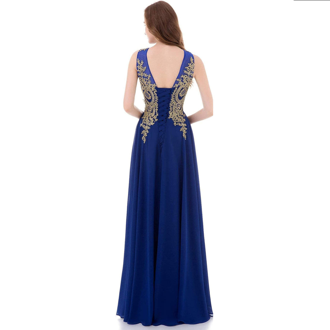 sleeveless chiffon gown with gold sequin bodice – AURONZA