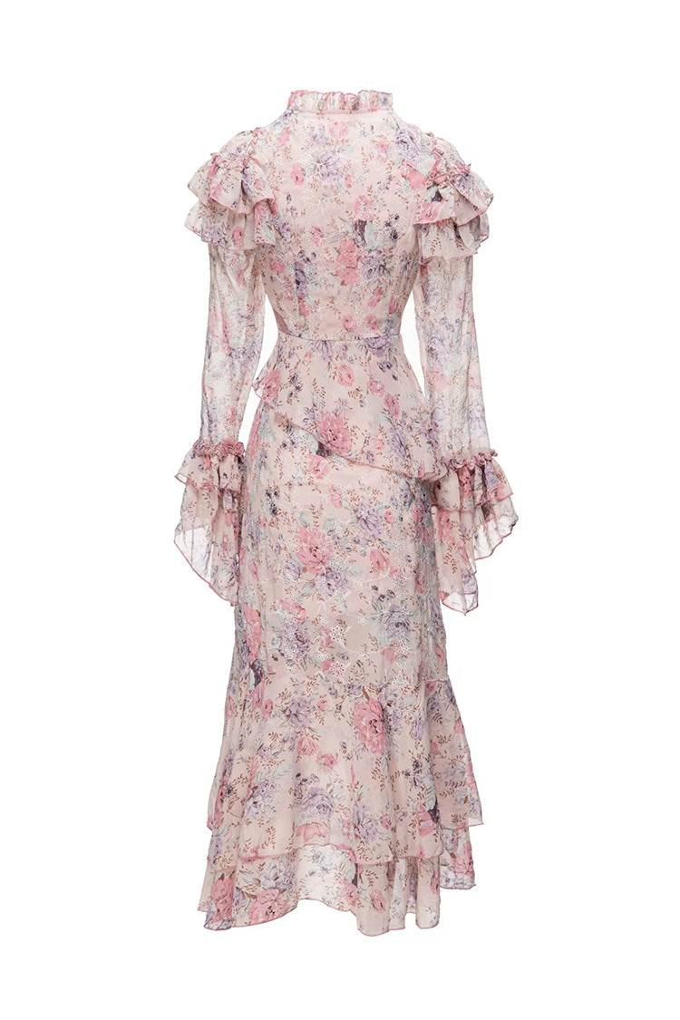 فستان شيفون مزين بكشكشة زهرية مع حاشية متعددة الطبقات – روزالي