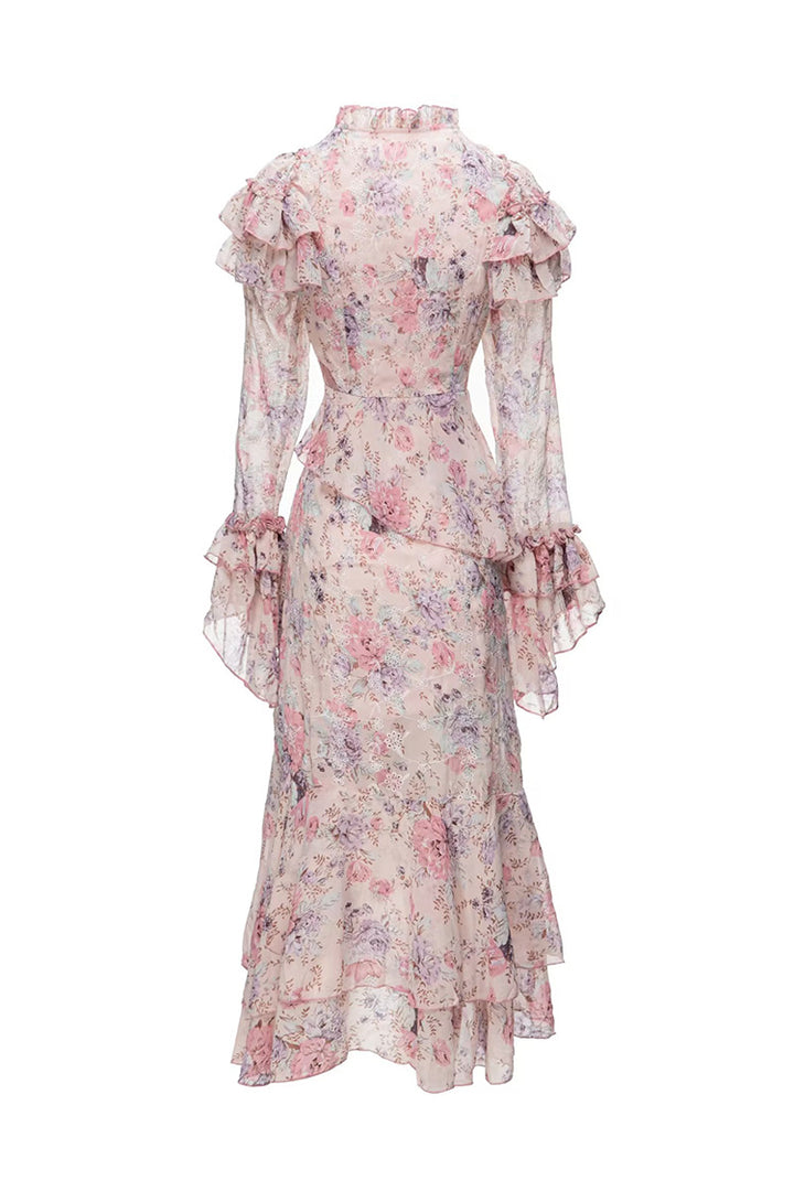 فستان شيفون مزين بكشكشة زهرية مع حاشية متعددة الطبقات – روزالي