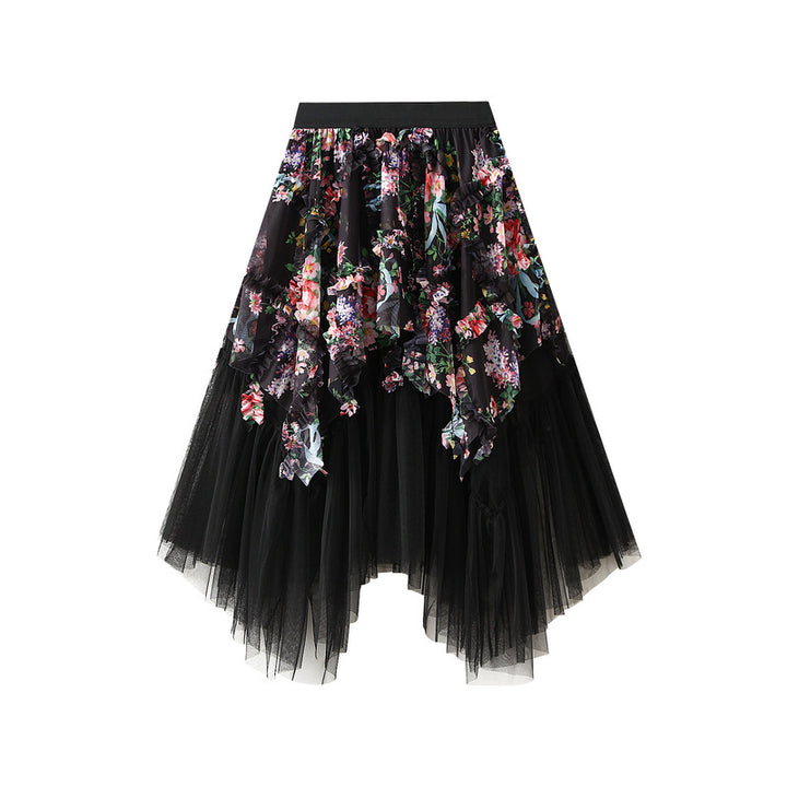 asymmetric floral tulle midi skirt with layered hem – FLORETTE
