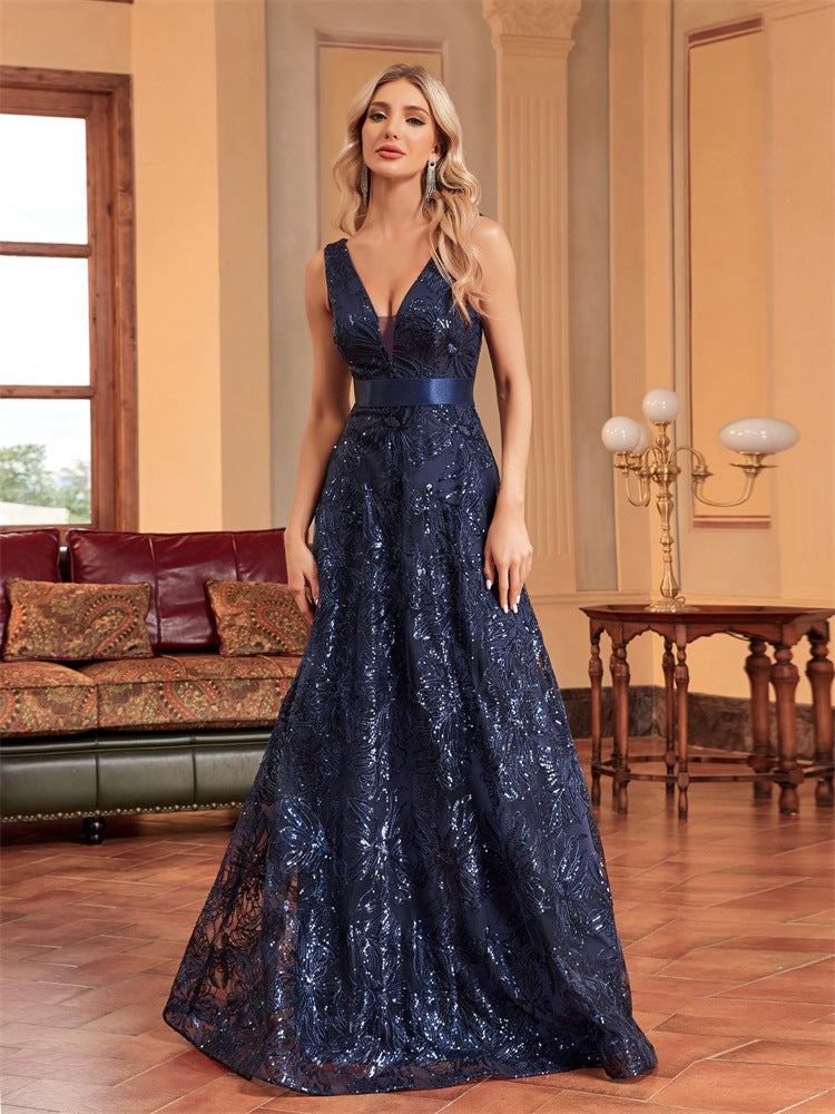 sleeveless V-neck sequin gown with satin waistband – CELESTE