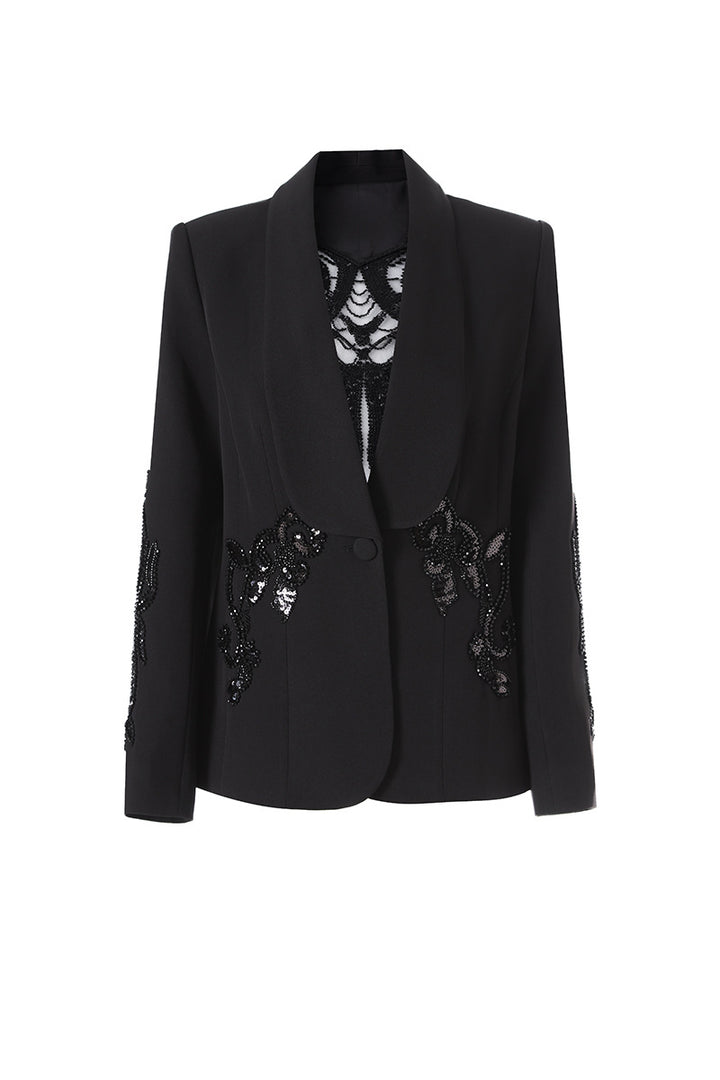 tailored deep-V blazer with embellished lace panels – MIDNIGHT