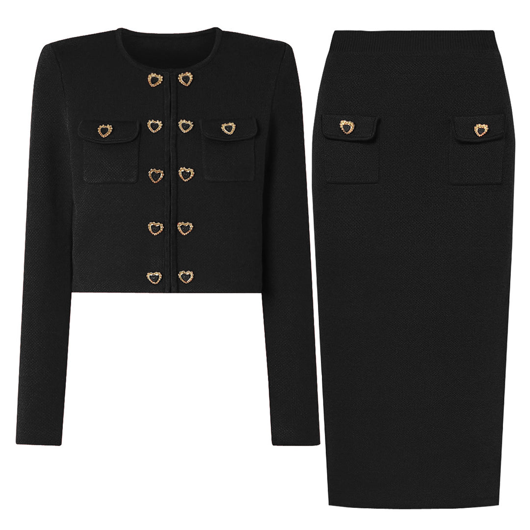 two-piece knit set with heart-shaped button accents – AMELIEV