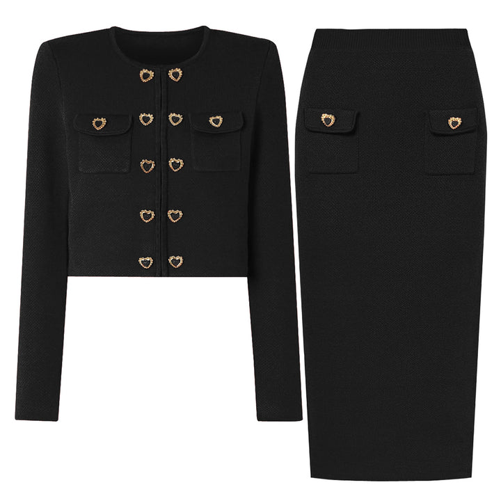 two-piece knit set with heart-shaped button accents – AMELIEV