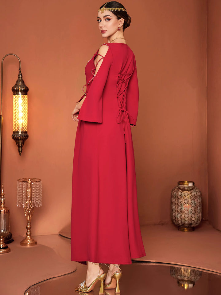 flare-sleeve A-line dress with embellished neckline - RUBINA