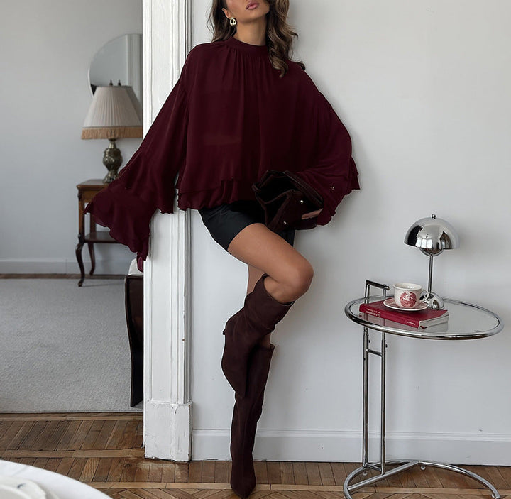 flowy ruffle-sleeve chiffon blouse with relaxed silhouette – MERLOT