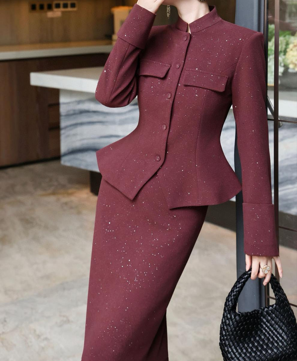 two-piece tailored blazer set with embellished fringe skirt – MIRAYA