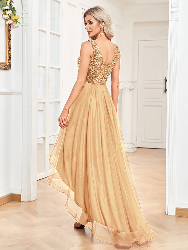 sleeveless sequin bodice dress with layered high-low hem – ARITNA
