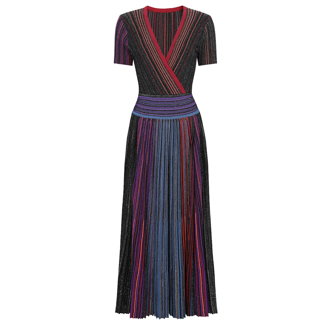 short sleeve knit dress with multicolor pleated skirt – ASTRIDIW