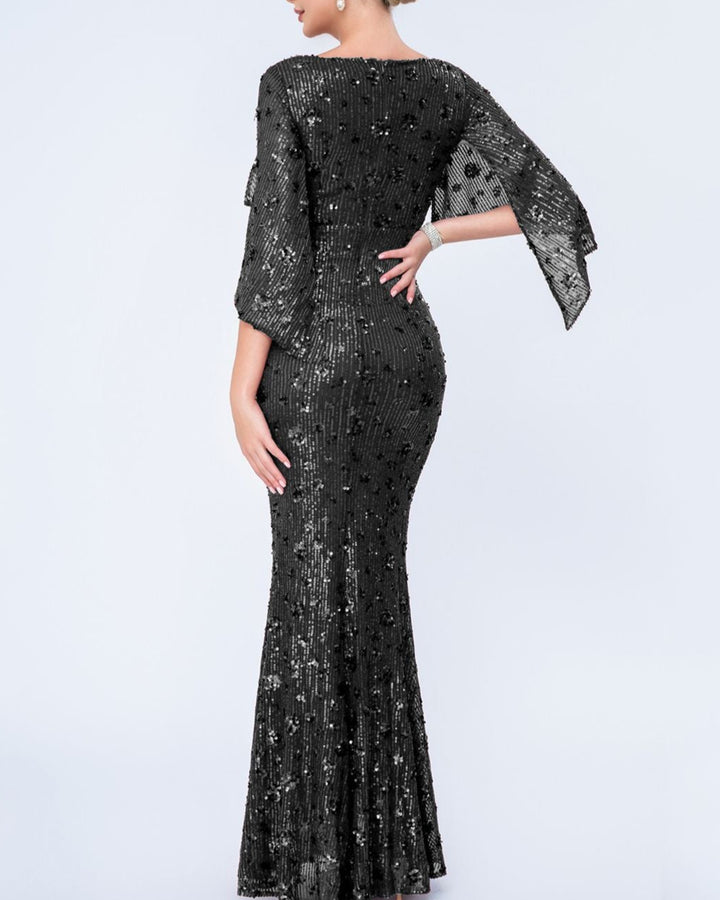 Geplooide top met uitlopende mouwen en maxi-rok set met tailleband – Rosiny 