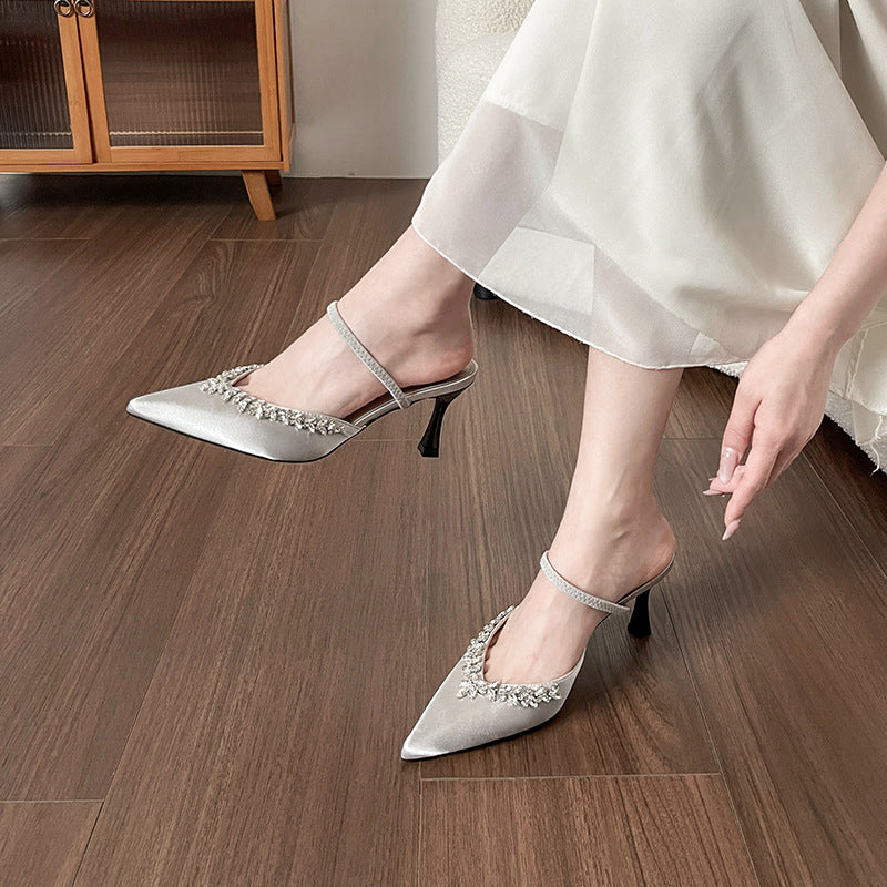 Satin pointed-toe mule with crystal strap - VERANA