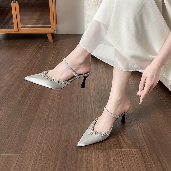 Satin pointed-toe mule with crystal strap - VERANA