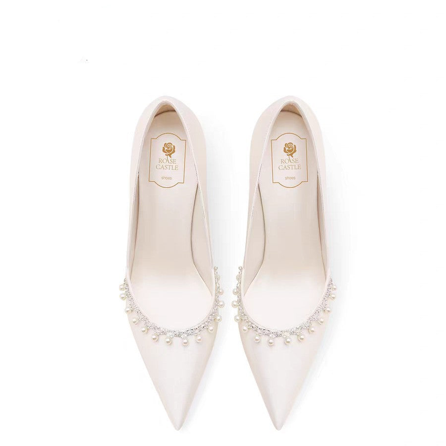 satin pointed-toe heels with pearl trim – ELARATU