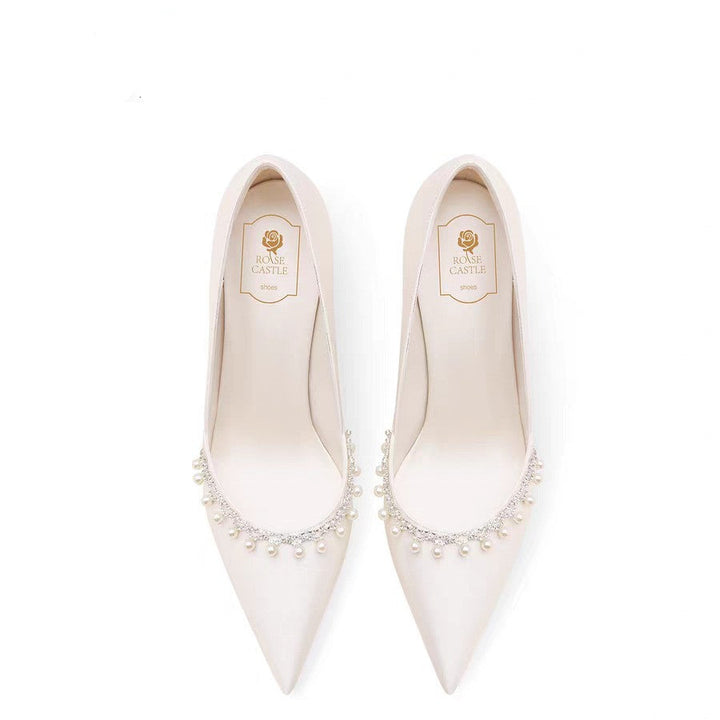 satin pointed-toe heels with pearl trim – ELARATU