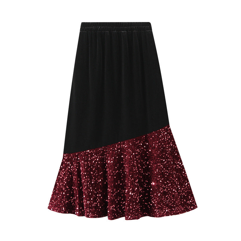 velvet midi skirt with asymmetric sequin ruffle – STELLAR