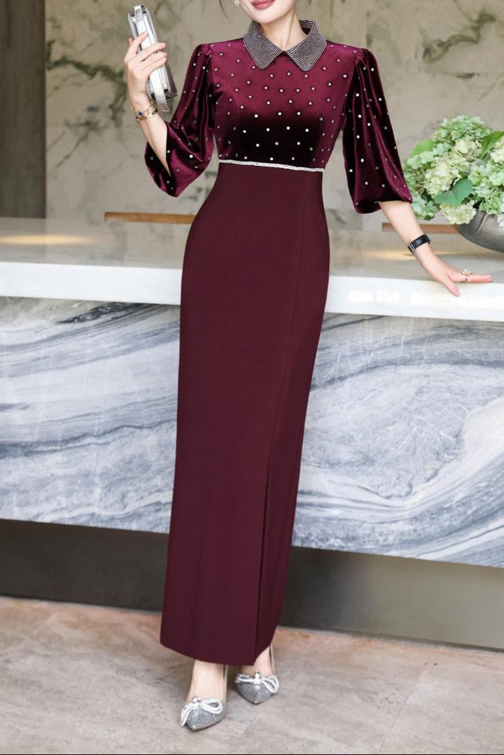 black velvet maxi dress with embellished collar–polka