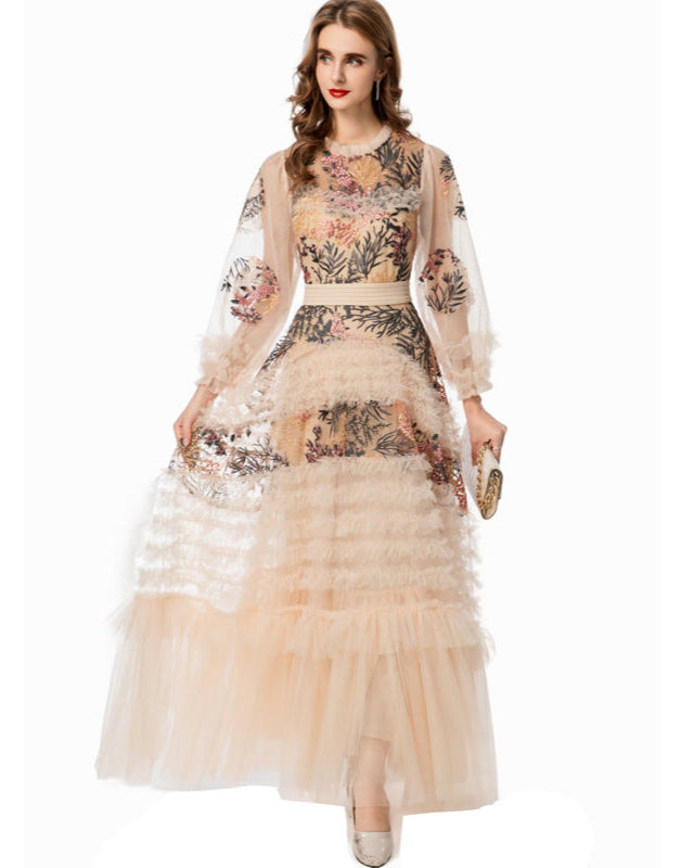 long-sleeve tulle gown with floral embroidery - MARINADI
