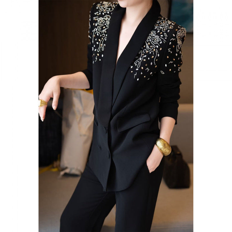 embellished-shoulder tailored blazer set – ASTERA