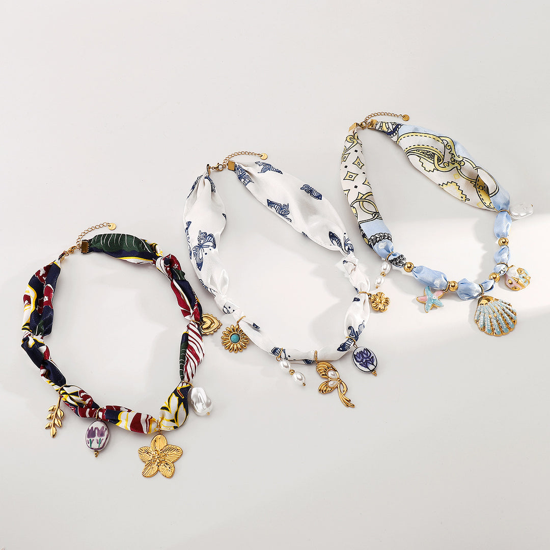 silk scarf necklace with charm pendants – SELENEVRI