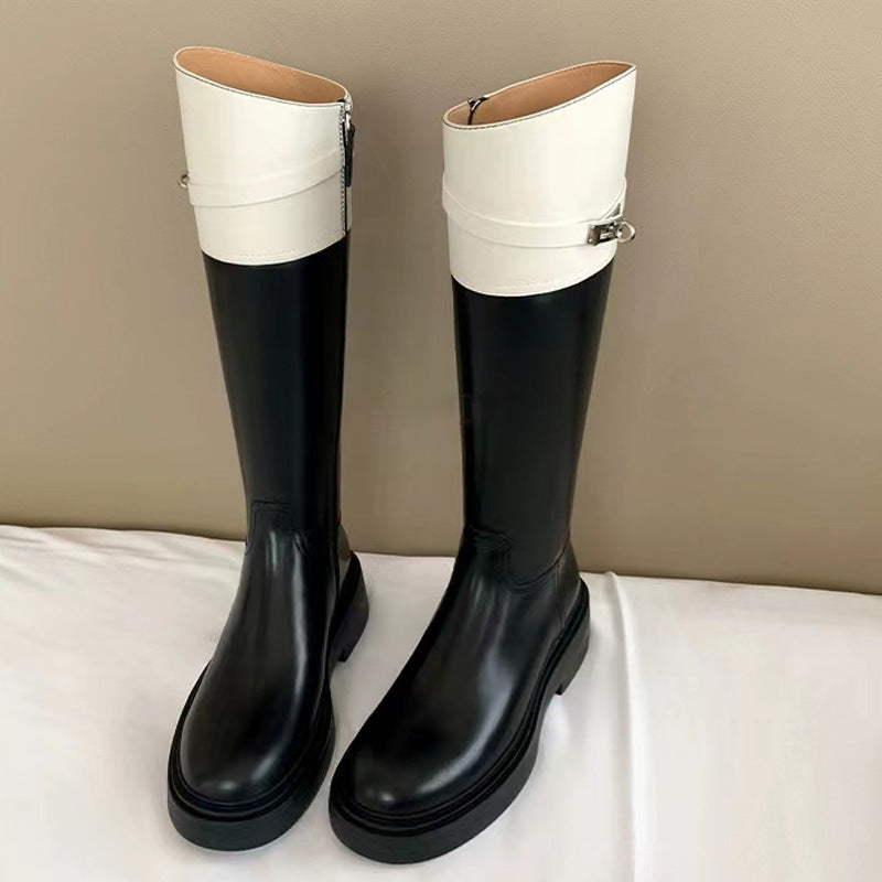 Two-tone knee-high leather boots with side buckle - ALORAZO