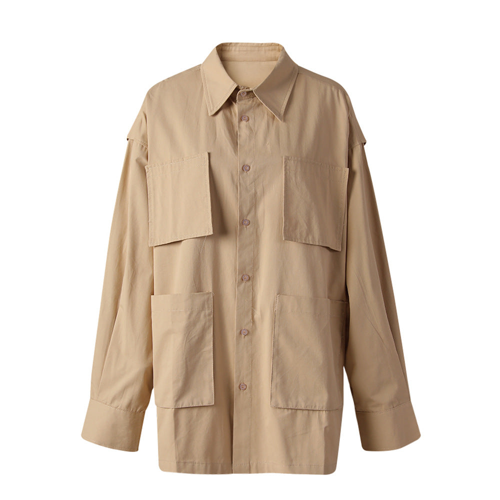 قميص بأزرار وجيوب متعددة الاستخدامات بقصة مريحة - بلاشر