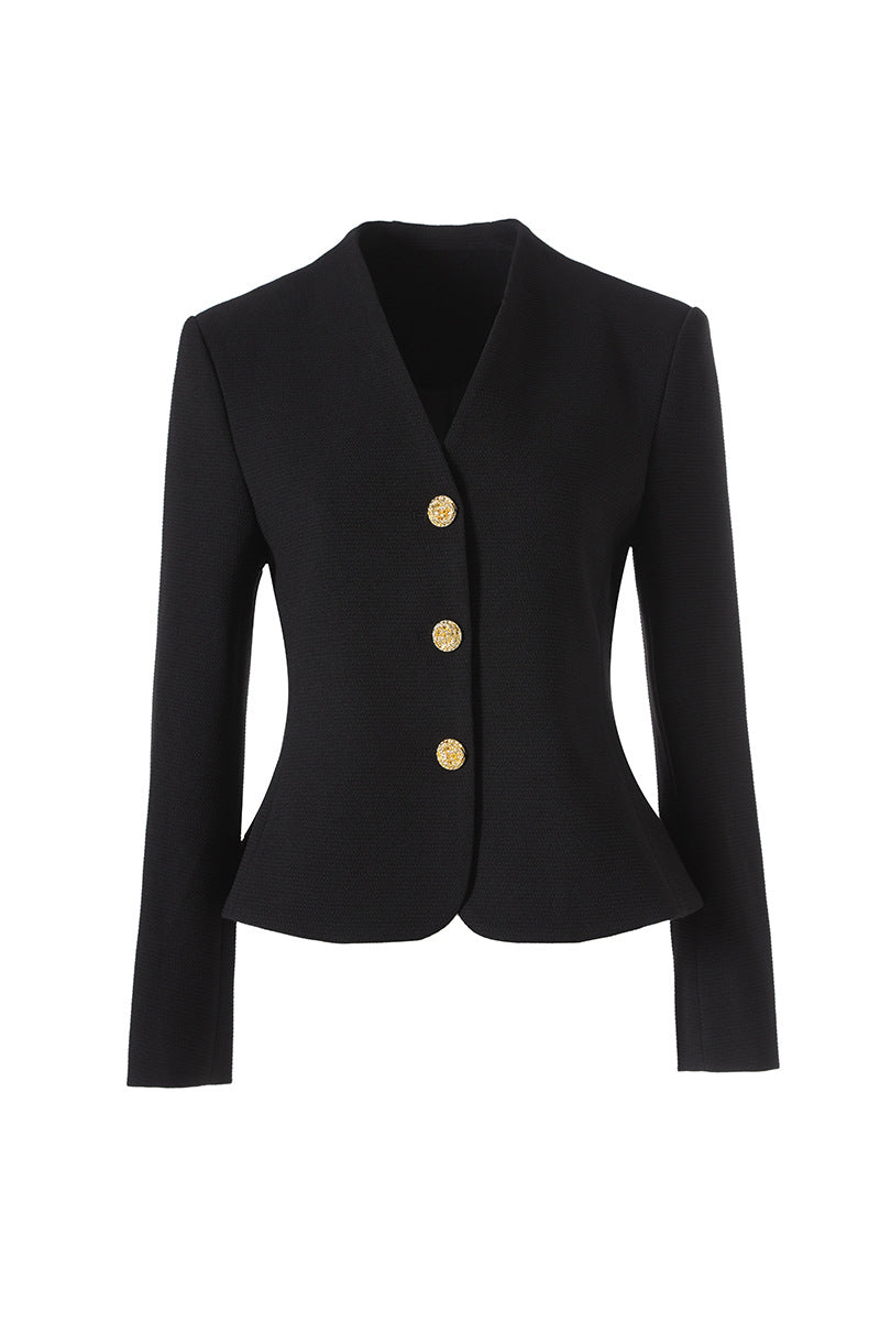 Tailored collarless blazer with gold buttons – AURELIA