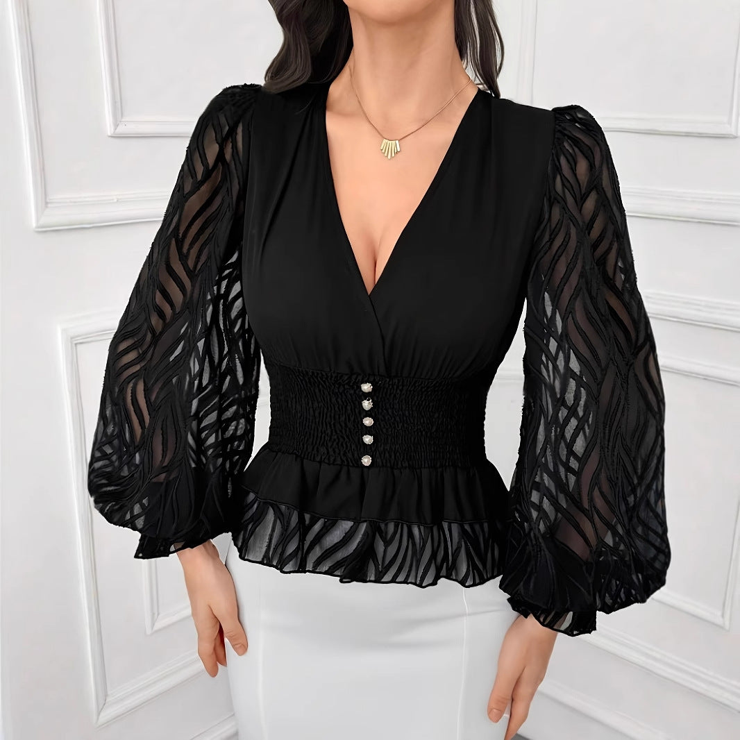 V-neck blouse with sheer textured sleeves – NOIRIA