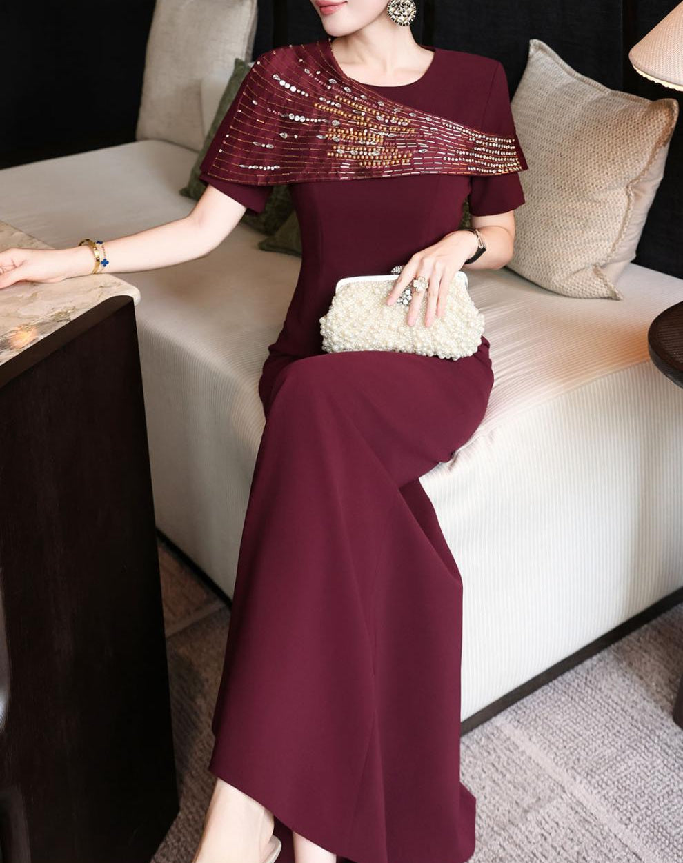 embellished draped shoulder gown – MARCELLIA