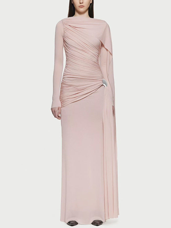 Asymmetric draped long-sleeve gown – BLUSHIA