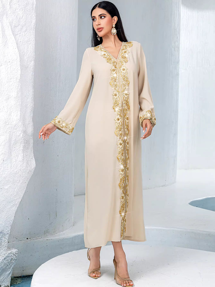 embroidered V-neck long abaya with waist belt – AURELIA