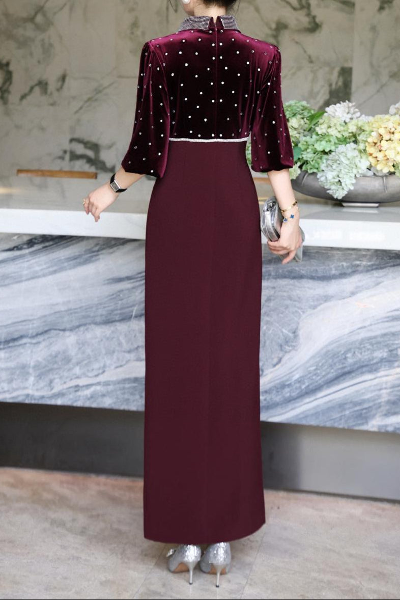 black velvet maxi dress with embellished collar–polka
