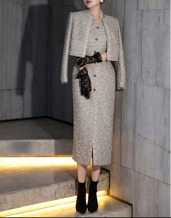 فستان تويد متوسط ​​الطول مع جاكيت قصير – أستوريا