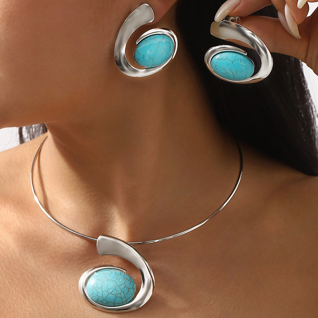 silver-tone necklace and earrings set with turquoise stone accents - NAYLAZI