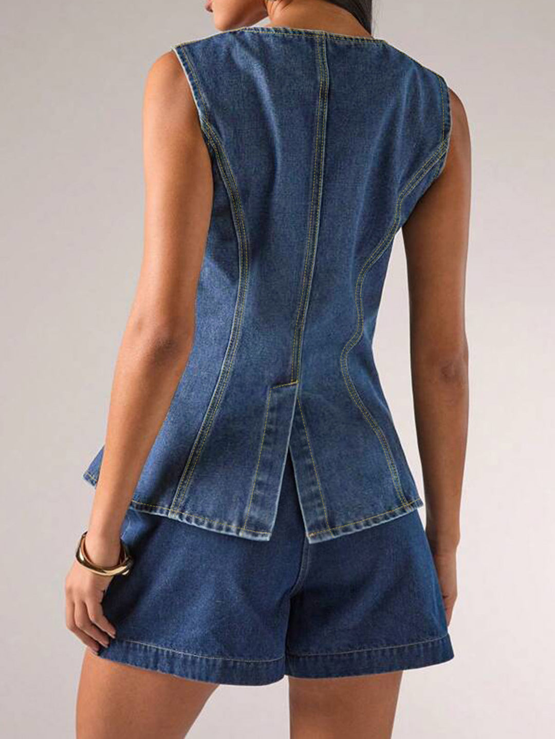sleeveless denim top with gold statement buttons – NOLA