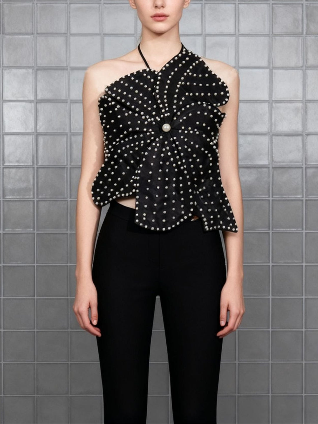 halter neck petal top with pearl embellishment – LUMIÈRE