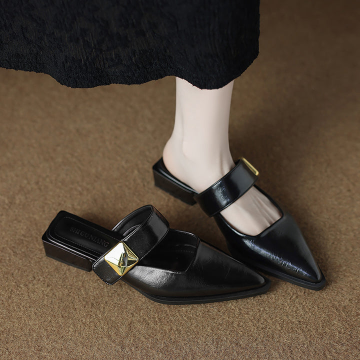 pointed-toe mule with wide strap & gold buckle – VERAXUL