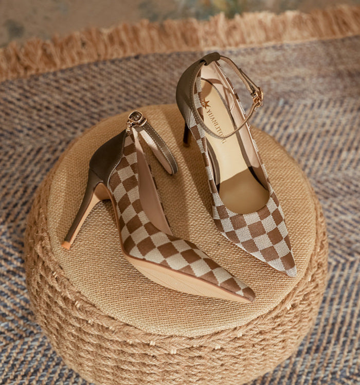 checkered pointed-toe heels with ankle strap – DARIAST