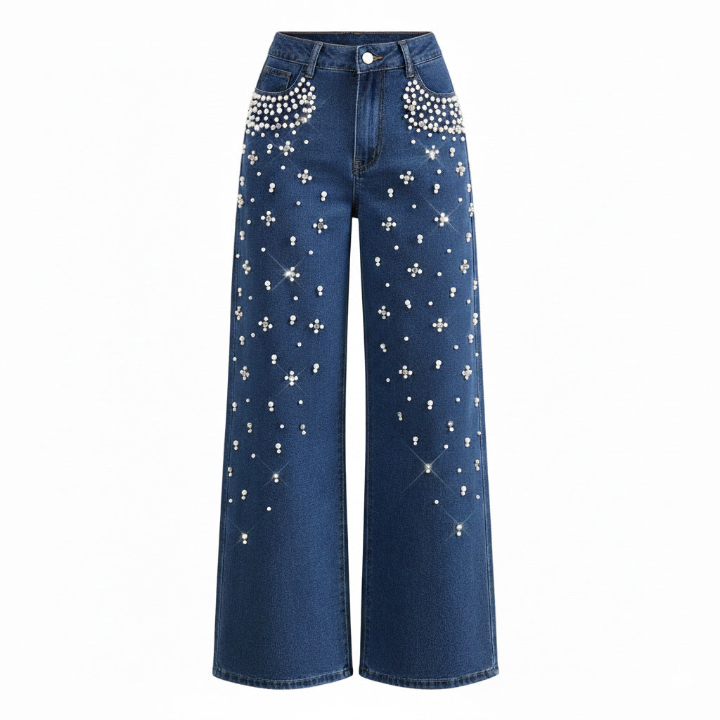 wide-leg black denim pants with pearl embellishment – AURA