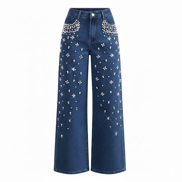 wide-leg black denim pants with pearl embellishment – AURA